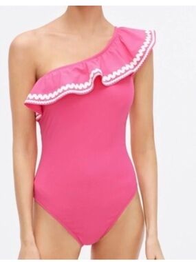 J. Crew Hot Pink One-Shoulder Ruffle Swimsuit with white trim